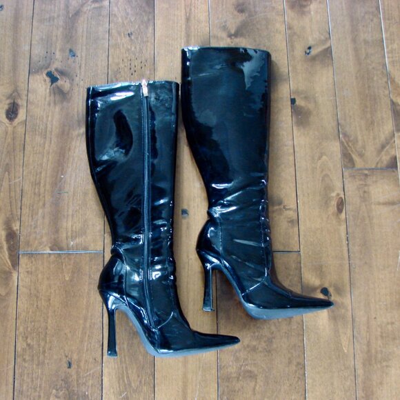 Aldo Black Pantent Leather Knee High Stiletto Boots Pointy Toe Size UK 5 US 7.5 - Picture 4 of 16